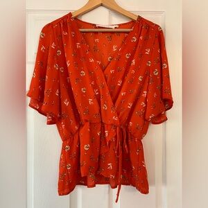 ASTR xl red floral faux wrap blouse